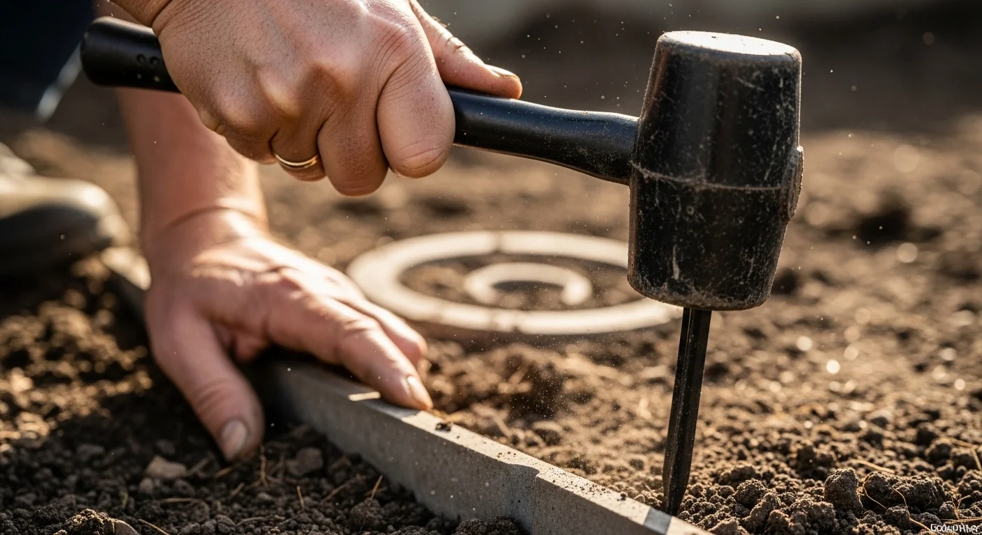 Close up of hands installing stakes based on Landscape Edging Calculator recommended spacing.