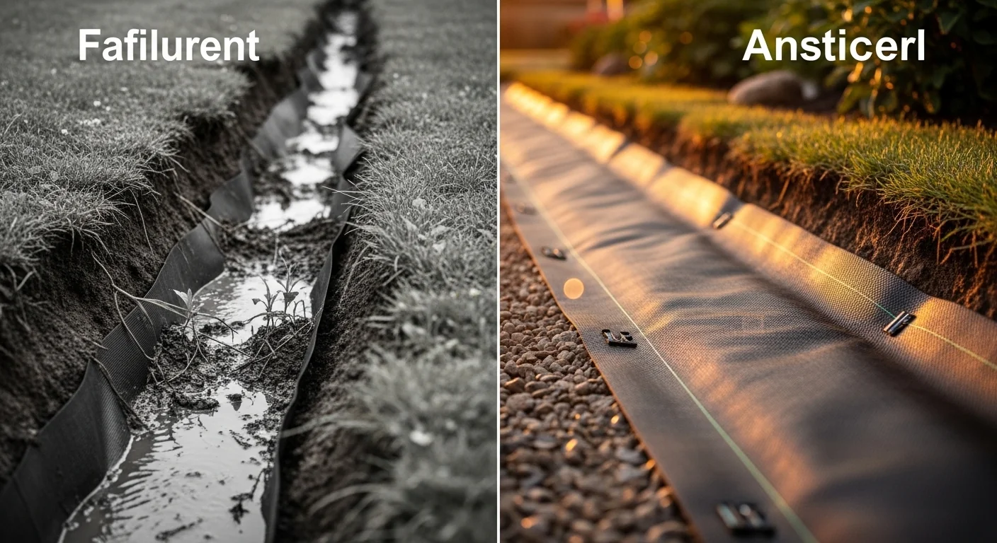 Landscape fabric overlap failure versus successful secured installation preventing soil migration