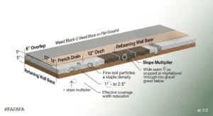 Landscape fabric overlap calculator diagram showing seam widths and slope-adjusted staple density