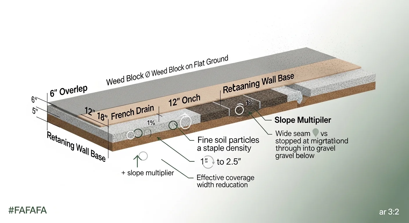 Landscape fabric overlap calculator diagram showing seam widths and slope-adjusted staple density