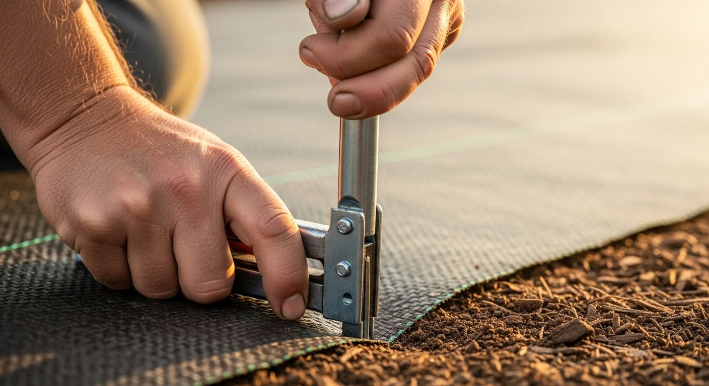 Gardener hands installing landscape fabric staples with proper overlap on a slope