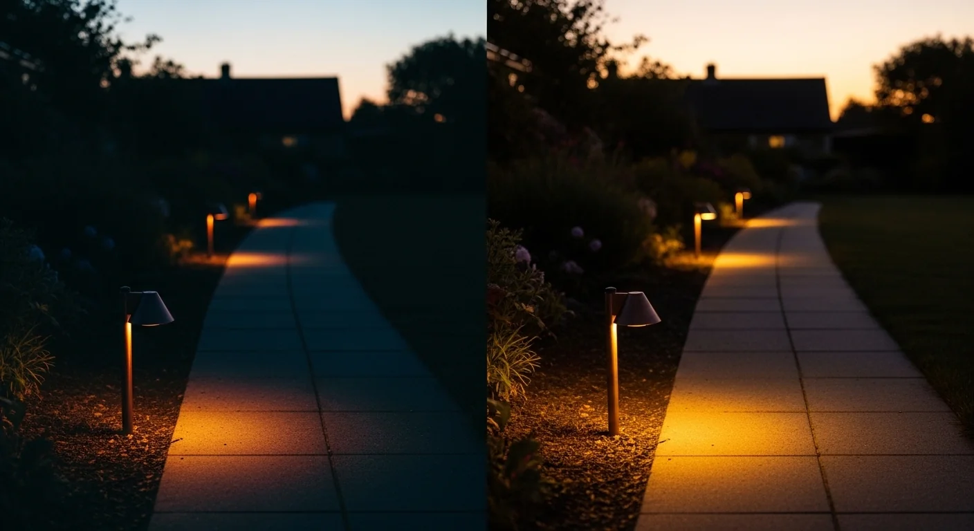 A Landscape Lighting Voltage Drop Calculator comparison showing dim orange lights versus bright uniform LEDs.