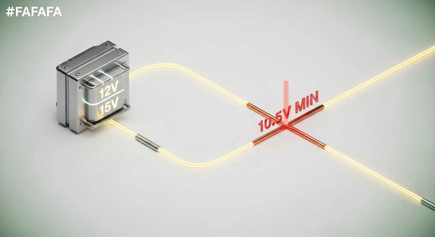 Technical 3D diagram explaining the landscape lighting voltage drop calculator logic and 10.5V threshold.