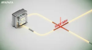 Technical 3D diagram explaining the landscape lighting voltage drop calculator logic and 10.5V threshold.