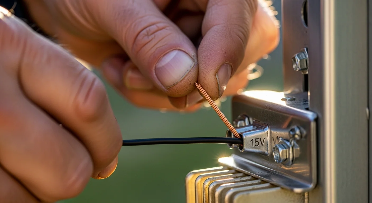 Hands connecting thick copper wire to a 15V tap following a landscape lighting voltage drop calculator result.