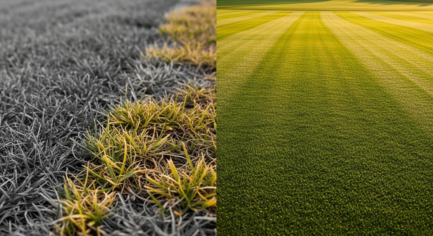 Lawn striping calculator comparison showing fungal crown damage versus healthy deep green grass stripes.