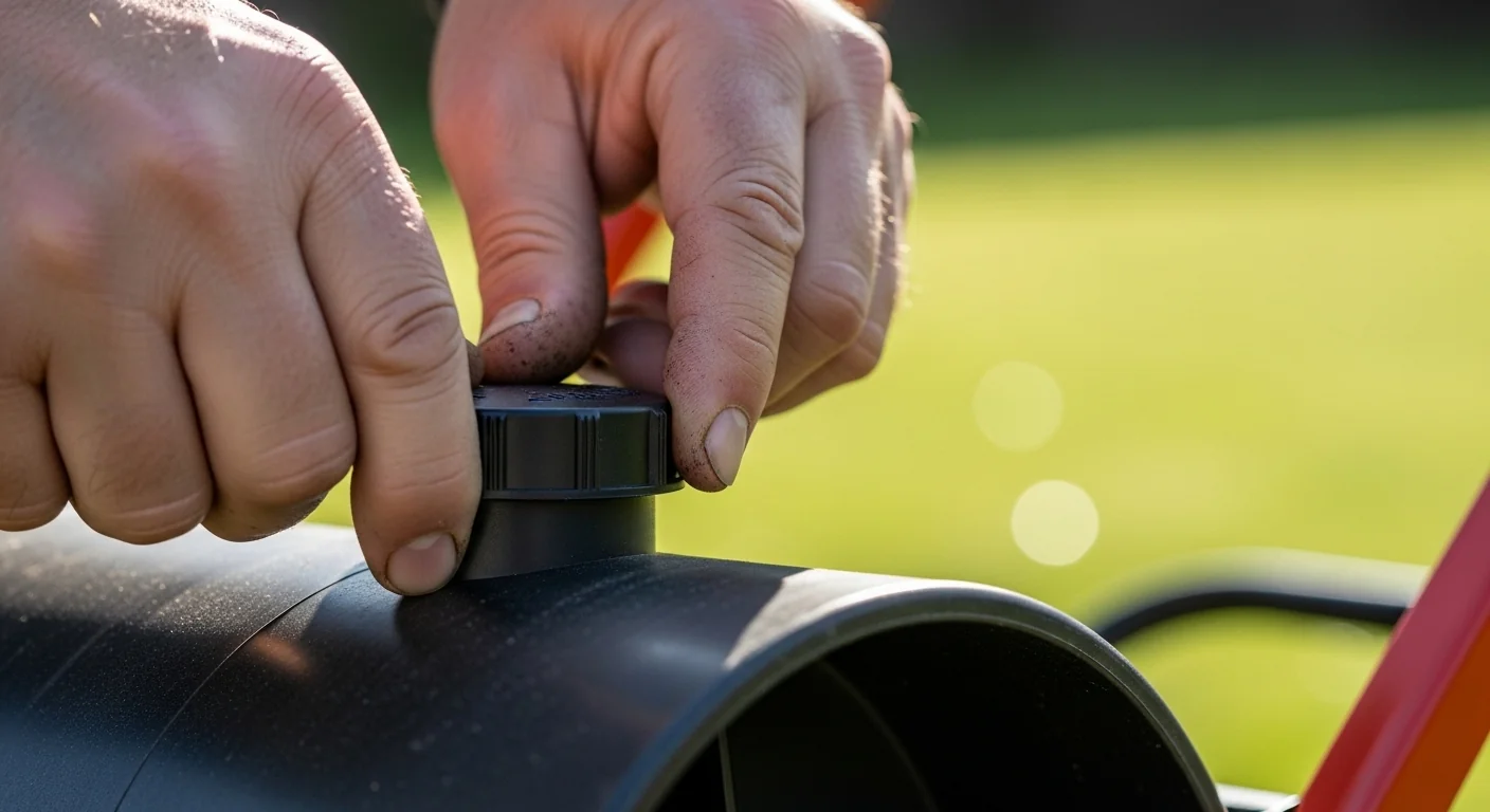 Gardener filling a lawn roller with water according to lawn striping calculator results.