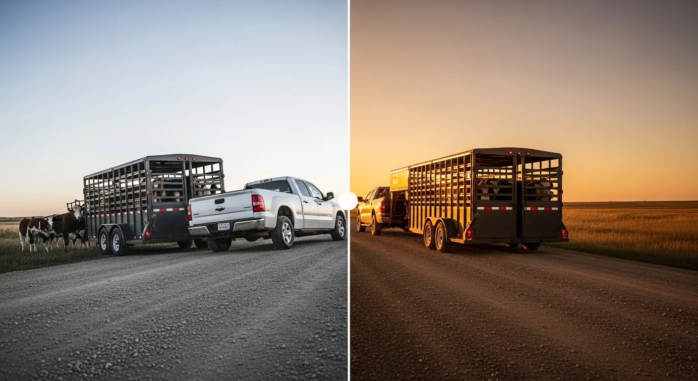 Livestock trailer weight calculator showing overloaded unstable trailer versus safely balanced load