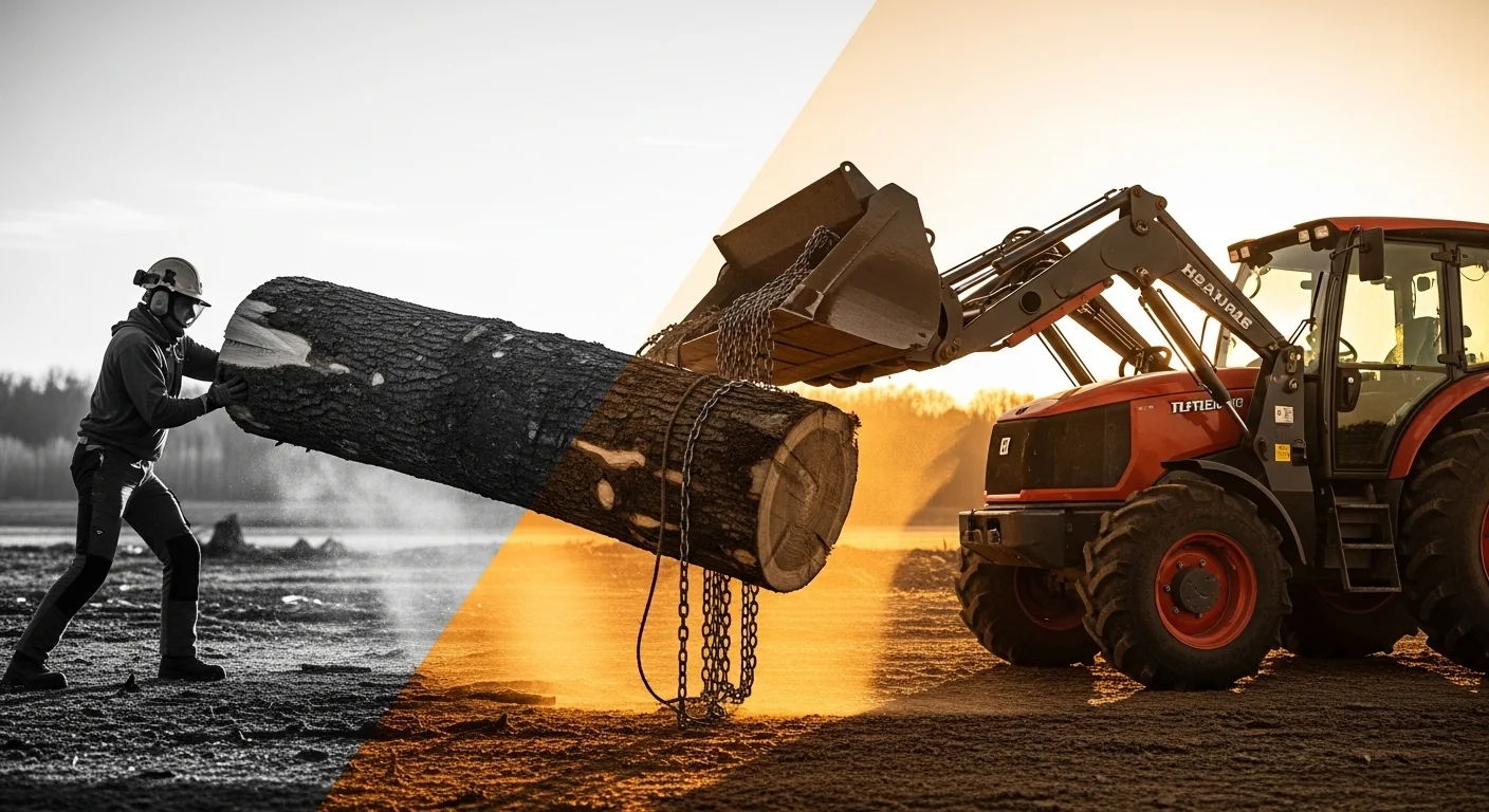 Split screen showing manual log lifting struggle versus easy log weight calculator tractor lift.