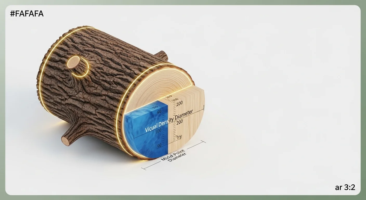 3D diagram illustrating the log weight calculator volume and green wood density conversion mechanism.