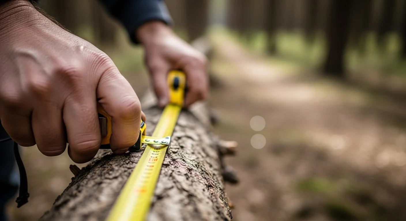 Close up of hands measuring log midpoint diameter for accurate log weight calculator input.