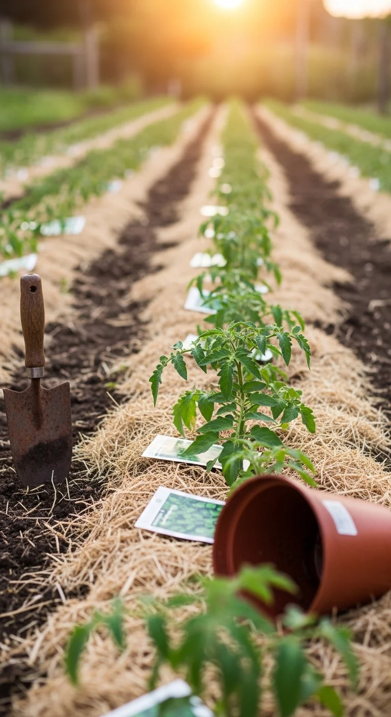 low-maintenance-vegetable-garden-determinate-tomato-mulch-rows.jpg