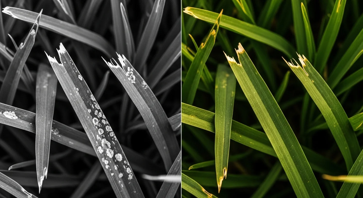 Mower Blade Tip Speed Calculator comparison showing shredded brown tips versus clean cut grass.