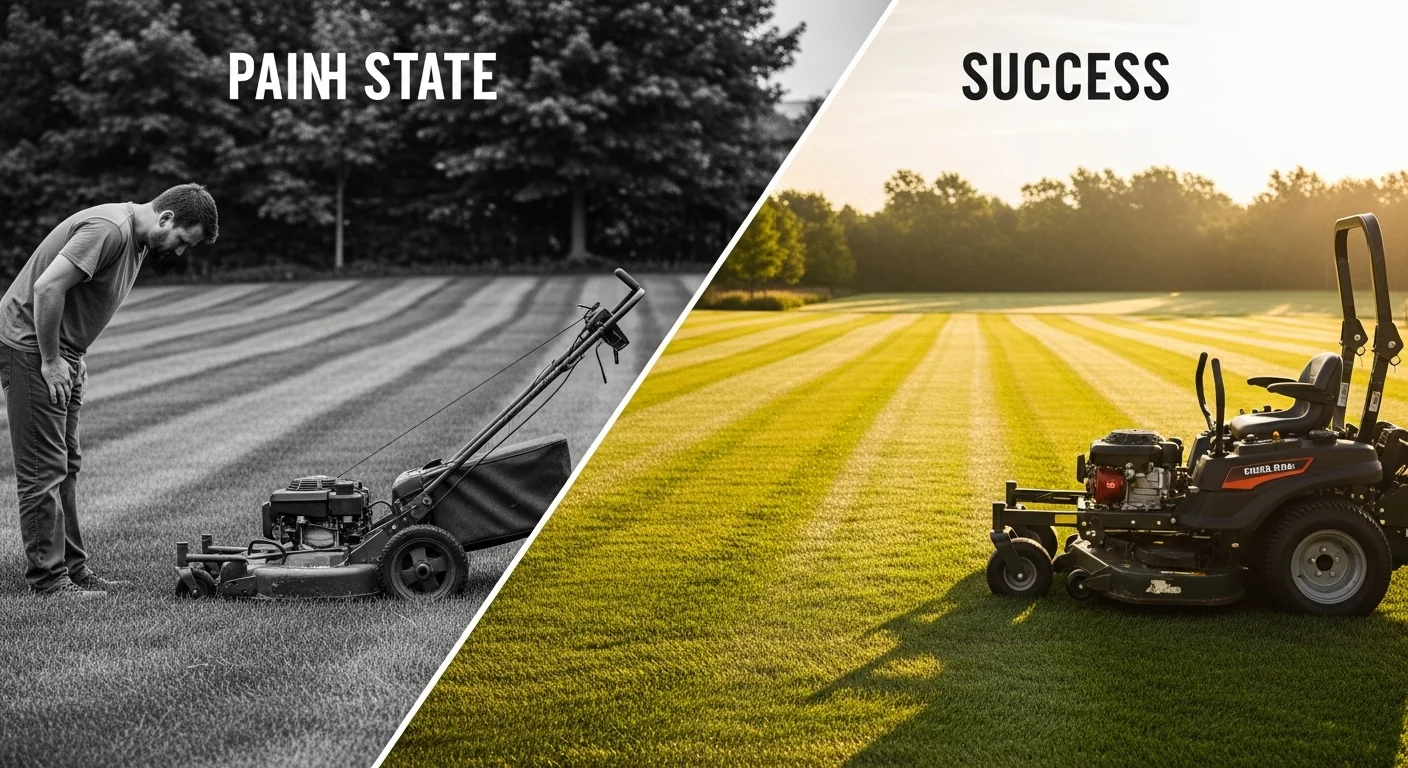 Mowing time calculator before and after showing inefficient vs efficient lawn mowing results