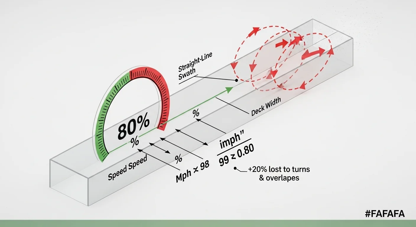 Mowing time calculator diagram showing 80% efficiency factor for turns and overlaps