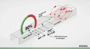 Mowing time calculator diagram showing 80% efficiency factor for turns and overlaps