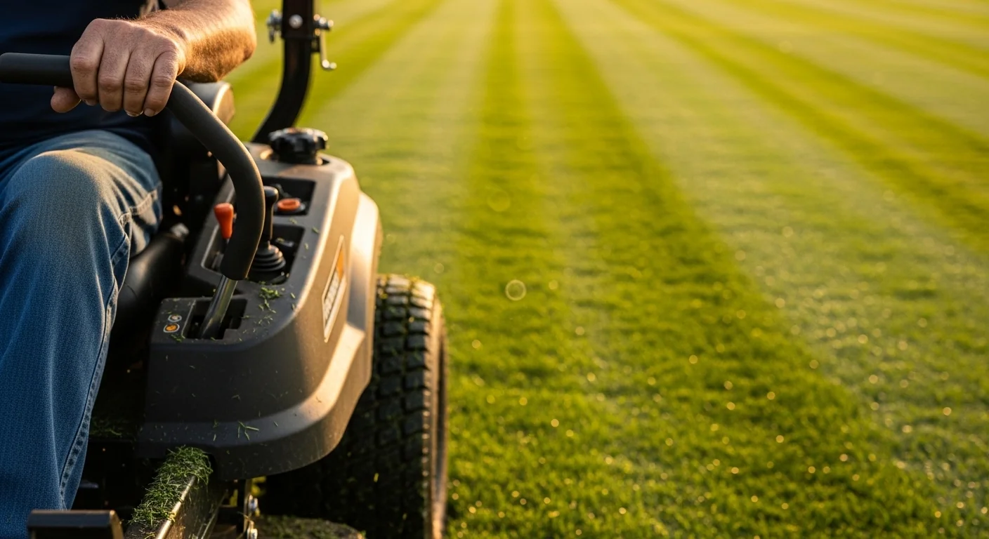 Mowing time calculator in action with gardener operating mower on calculated lawn area