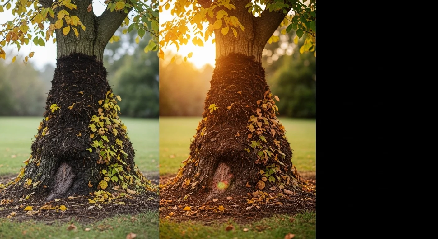 Mulch calculator before and after showing tree damage from volcano mulching versus healthy proper application