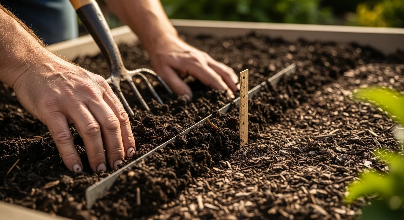 Mulch calculator in action with gardener spreading exact calculated volume of bark mulch at safe depth