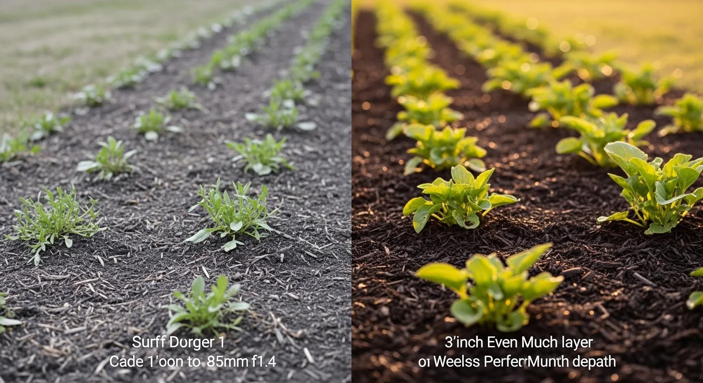 Mulch calculator showing thin weed-infested bed versus thick healthy mulched garden