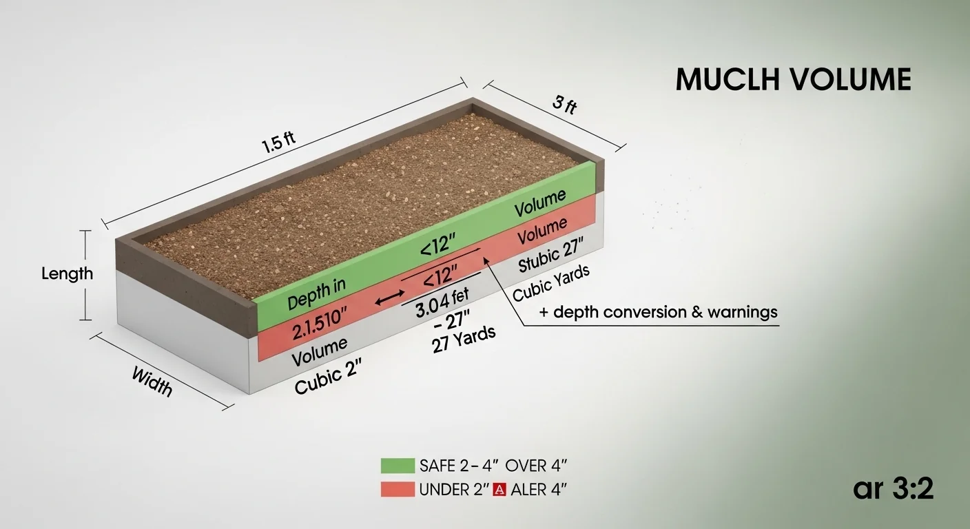 Mulch calculator logic diagram showing cubic yard formula and depth warning zones