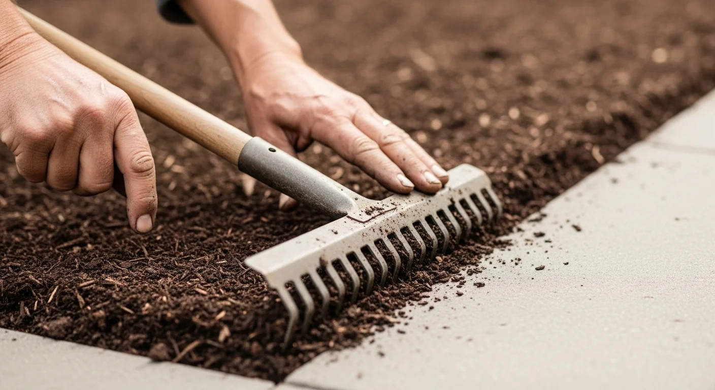 Gardener hands spreading calculated mulch layer at proper depth using the mulch calculator