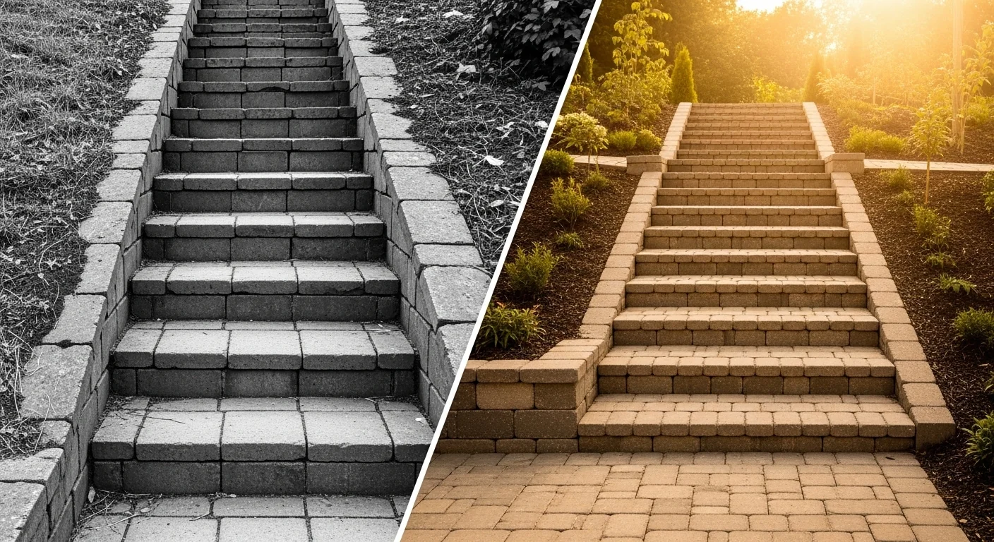 Outdoor stair riser calculator showing steep tiring stairs versus comfortable perfect outdoor steps