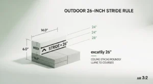 Outdoor stair riser calculator visualizing the 26-inch stride rule with riser tread and block course measurements