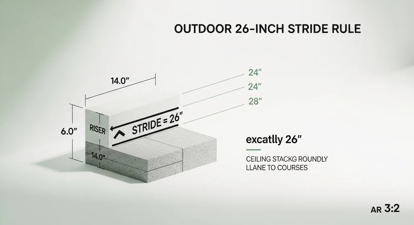 Outdoor stair riser calculator visualizing the 26-inch stride rule with riser tread and block course measurements