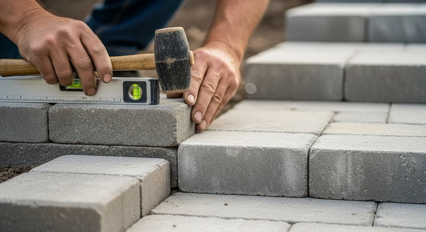 Gardener hands building outdoor stairs using precise riser and tread dimensions from the calculator