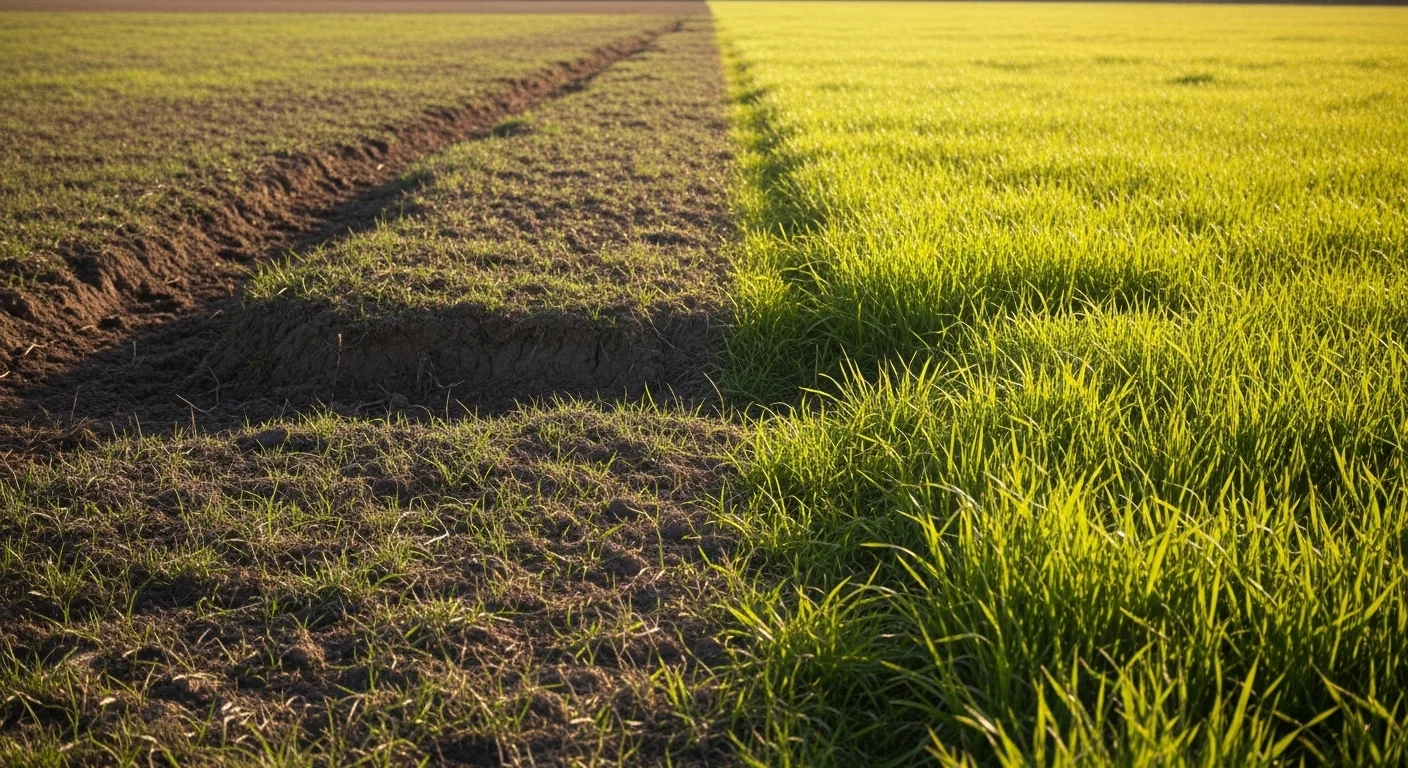 Overgrazed bare pasture versus lush healthy pasture split view for stocking rate calculator