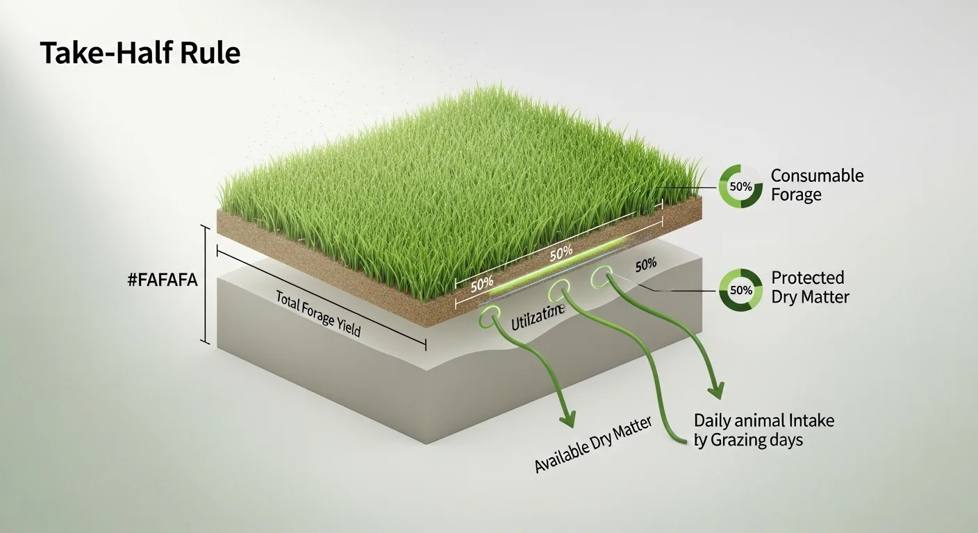 3D diagram showing Take-Half Leave-Half rule for pasture stocking rate calculator