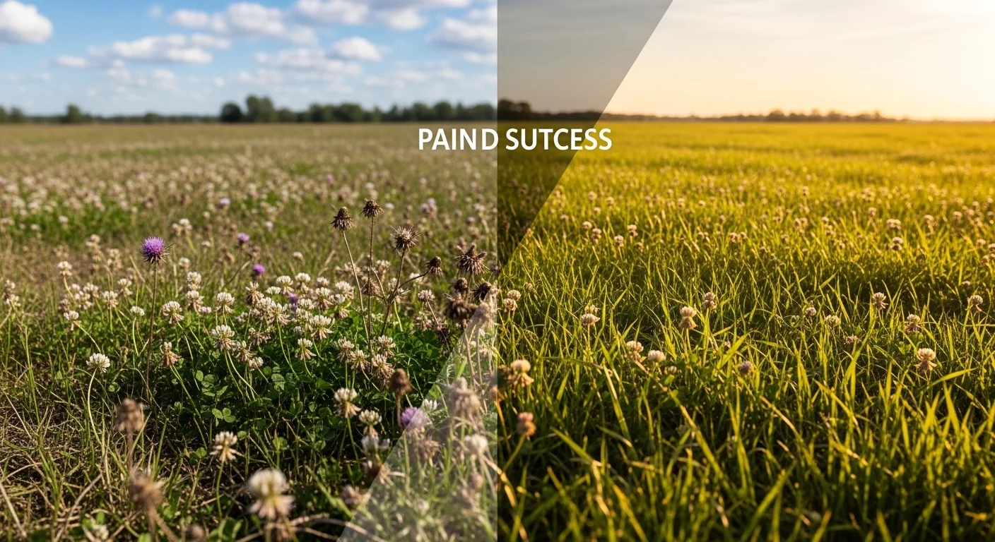 Before and after pasture showing weed control with clover protection using herbicide boom calibration calculator