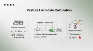 3D diagram explaining acres per tank calculation, clover lockout, and temperature volatilization check in herbicide boom calibration