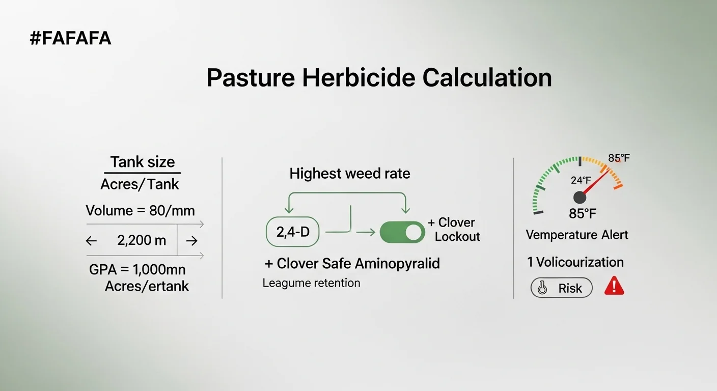 3D diagram explaining acres per tank calculation, clover lockout, and temperature volatilization check in herbicide boom calibration