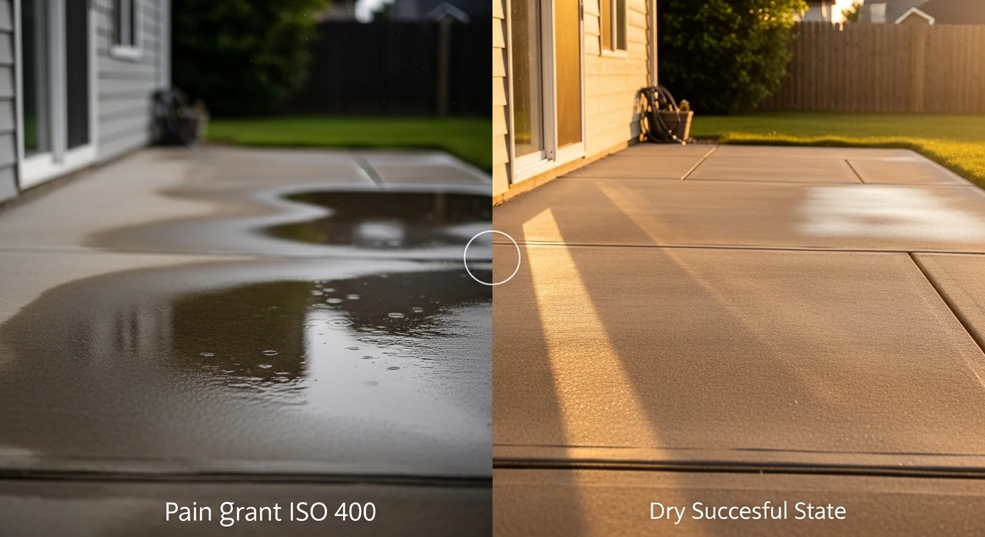 Patio slope calculator showing flooded foundation vs properly drained dry patio