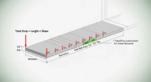 Patio slope calculator logic showing total drop calculation and safety thresholds