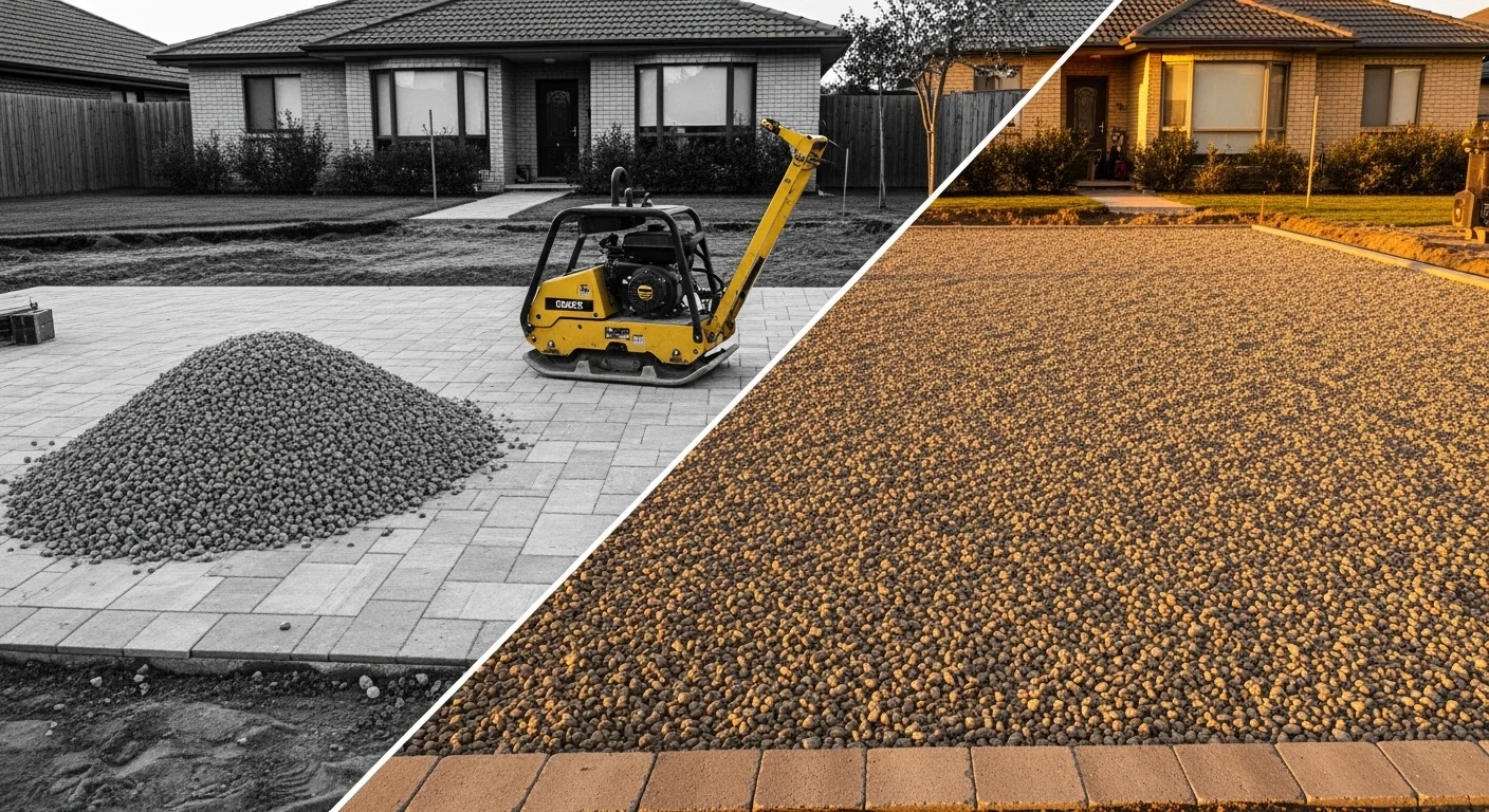 Paver base calculator visual showing aggregate shortfall versus a perfectly compacted professional base layer.