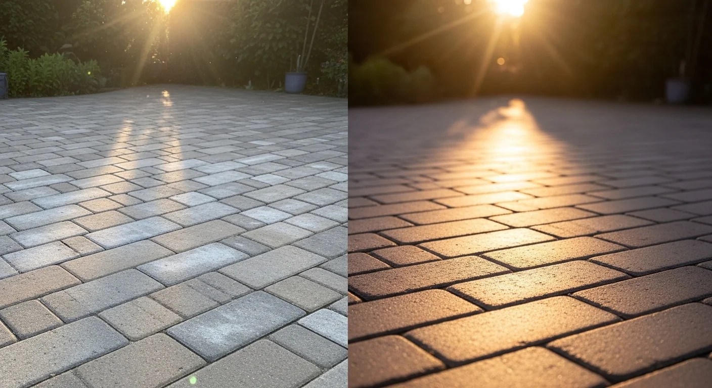A comparison of ruined cloudy pavers versus successful wet-look pavers using a Paver Sealer Calculator.