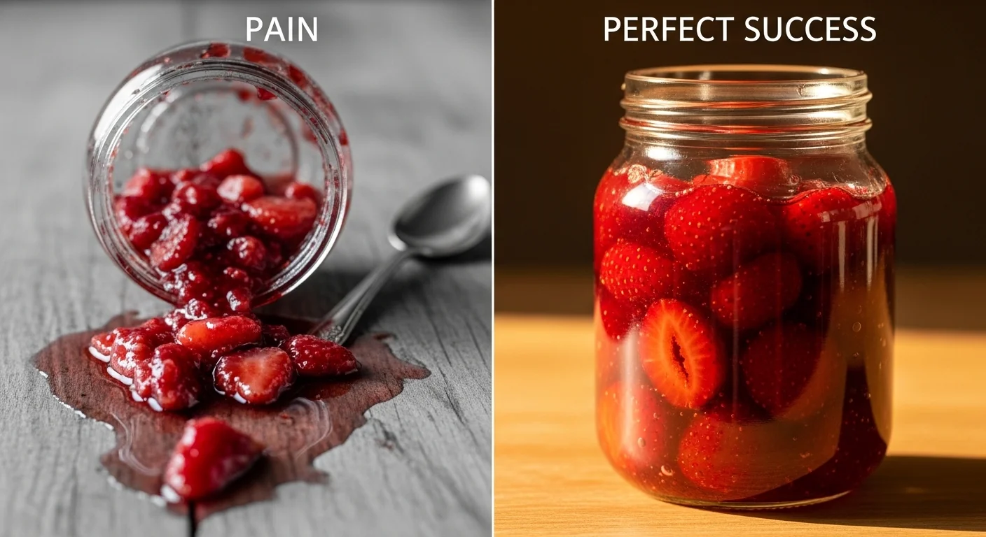 Runny failed jam versus perfectly set homemade jam side by side