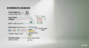 3D diagram showing sugar ratio, pectin factor, and lemon juice scaling for jam