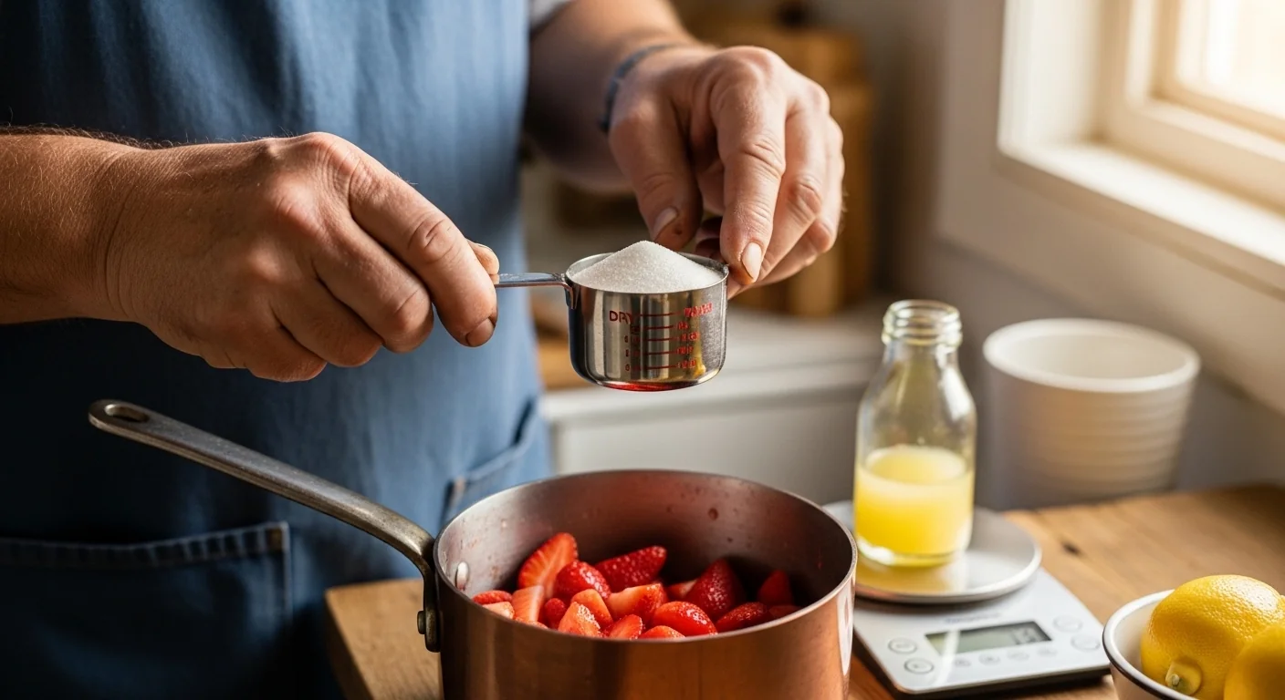 Gardener hands measuring sugar and lemon juice for homemade jam batch