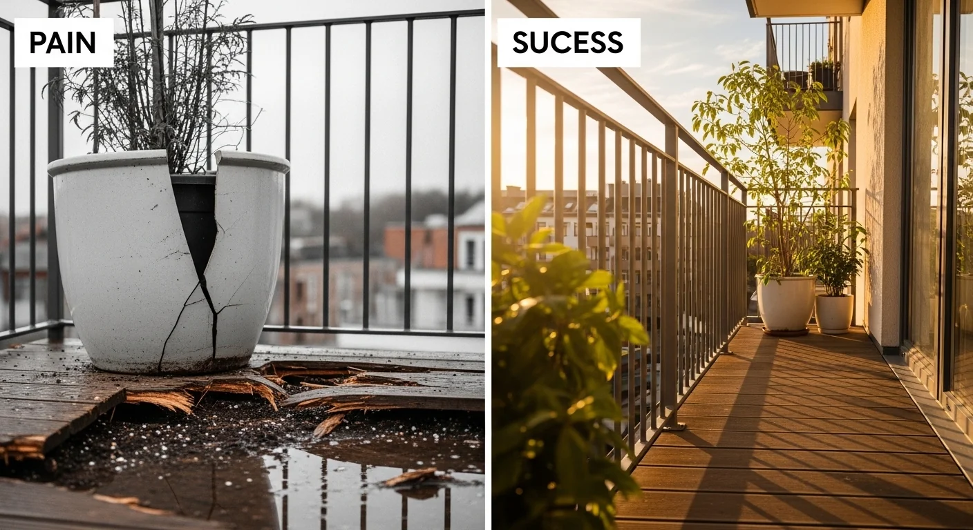 Planter weight calculator showing unsafe overloaded balcony versus safe placement
