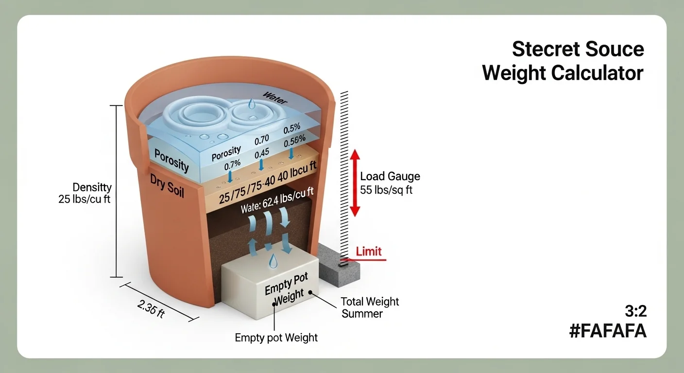 Planter weight calculator diagram breaking down dry soil, water retention, and balcony load per square foot