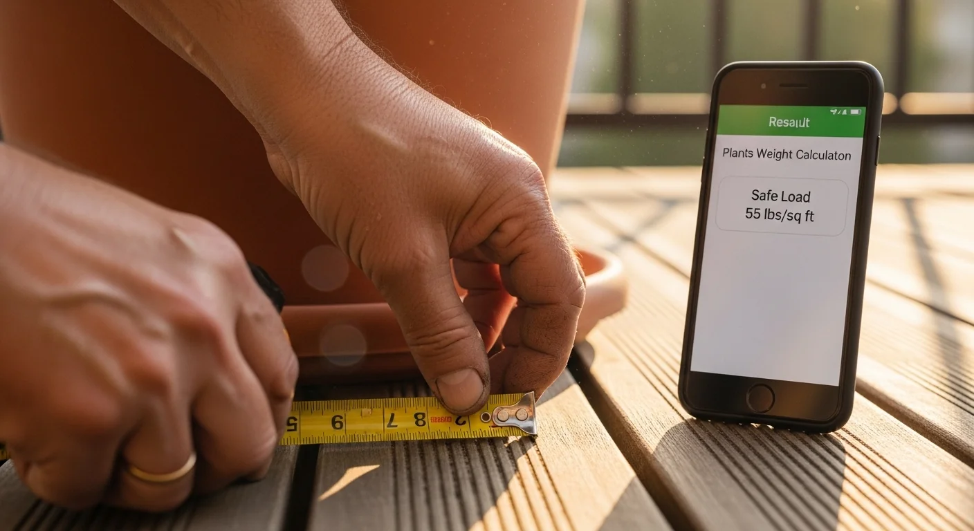 Gardener measuring planter footprint after using planter weight calculator for balcony safety