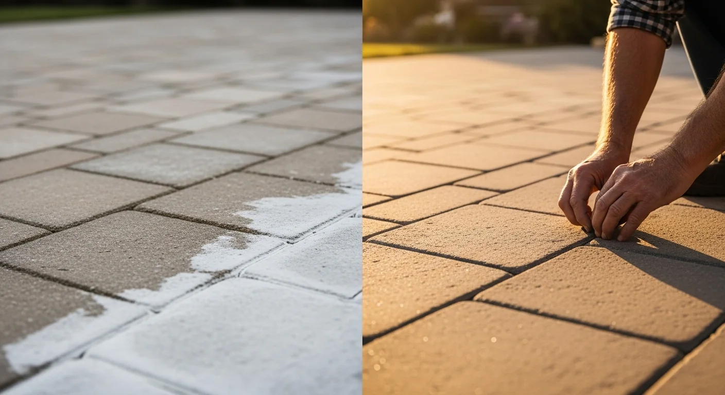 Polymeric sand calculator showing failed hazy pavers versus clean professional installation