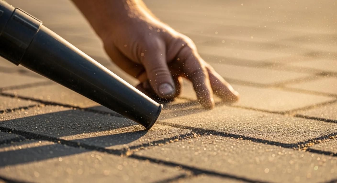 Using leaf blower to clear polymeric sand from paver surfaces before activation