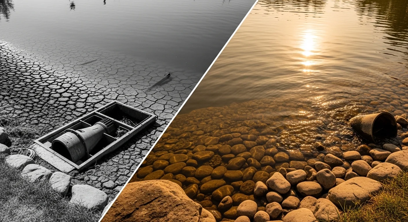 Pond evaporation calculator showing a dry pump intake versus a full healthy water level.
