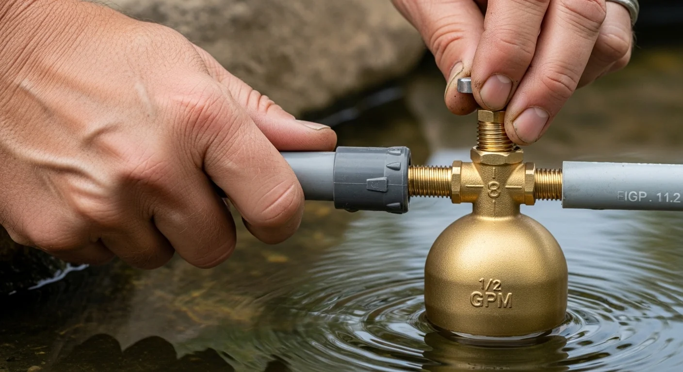 Gardener using pond evaporation calculator outputs to install a brass auto-fill float valve.