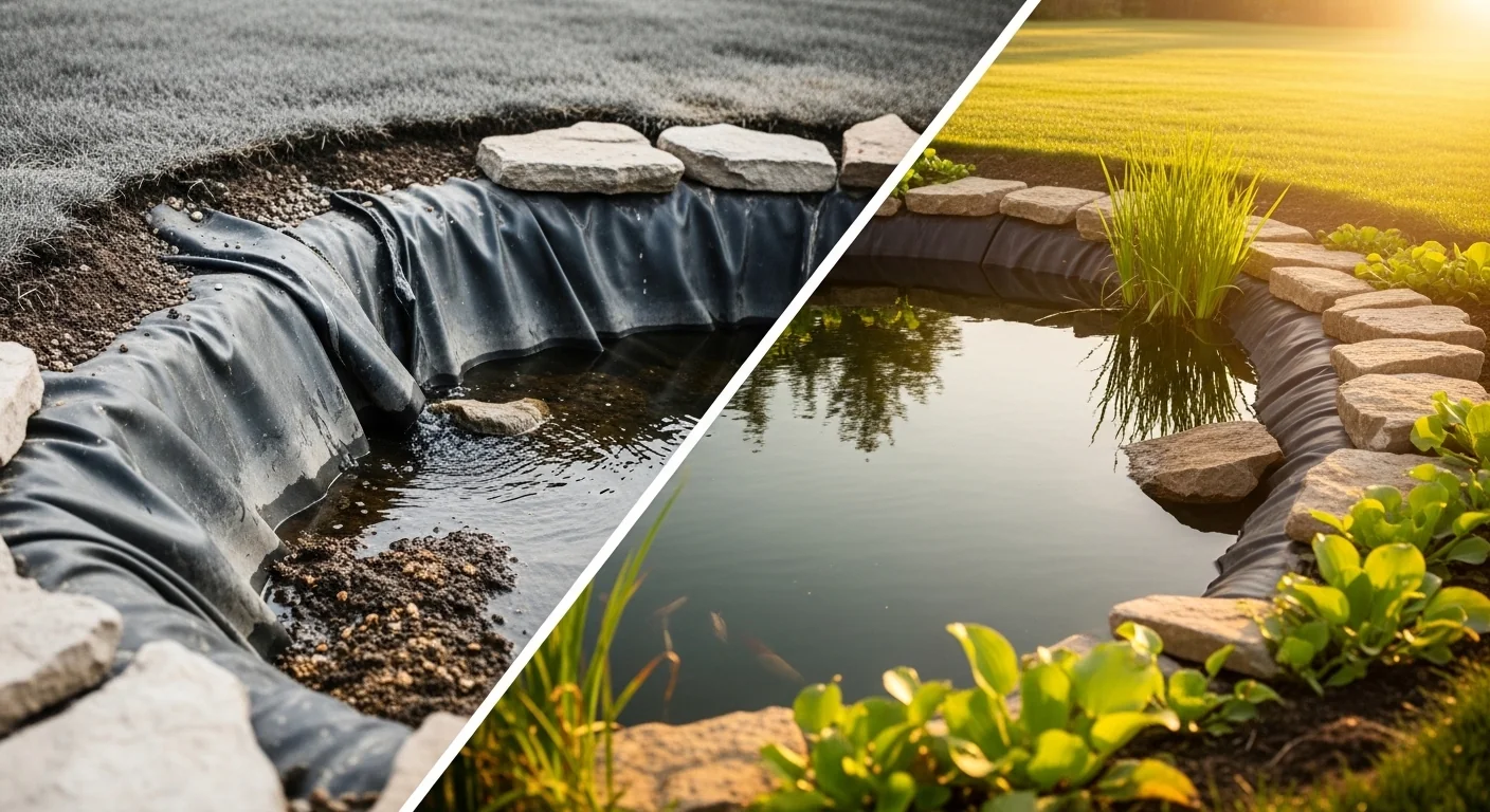 Pond liner calculator showing failed short liner versus perfectly anchored full pond